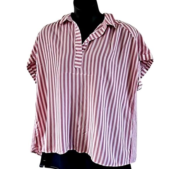 Jane + Delancey Women's Oversized Striped Button Back Shirt Pink & White Size 1X - Picture 6 of 7